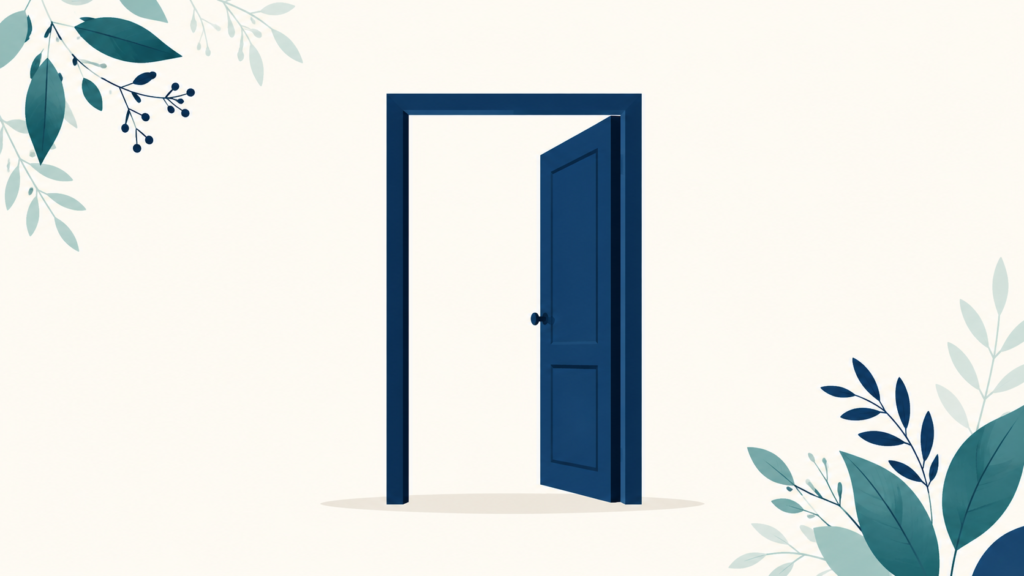 A minimalist flat-design illustration in navy blue and teal on a soft off-white background. A single open doorway stands unattached in the middle of the frame, with clear space visible on both sides of it. Clean geometric forms, subtle leaf accents, no text or numbers anywhere. 16:9 aspect ratio, calm and professional, plenty of negative space.