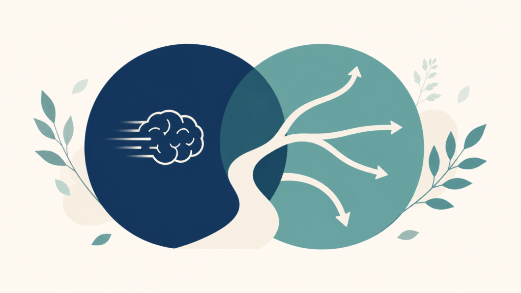 A minimalist flat-design illustration in navy blue and teal on a soft off-white background. Two overlapping circular shapes represent fast and slow thinking, with a simple branching path emerging from where they meet. Clean geometric forms, subtle leaf accents, no text or numbers anywhere. 16:9 aspect ratio, calm and professional, plenty of negative space.