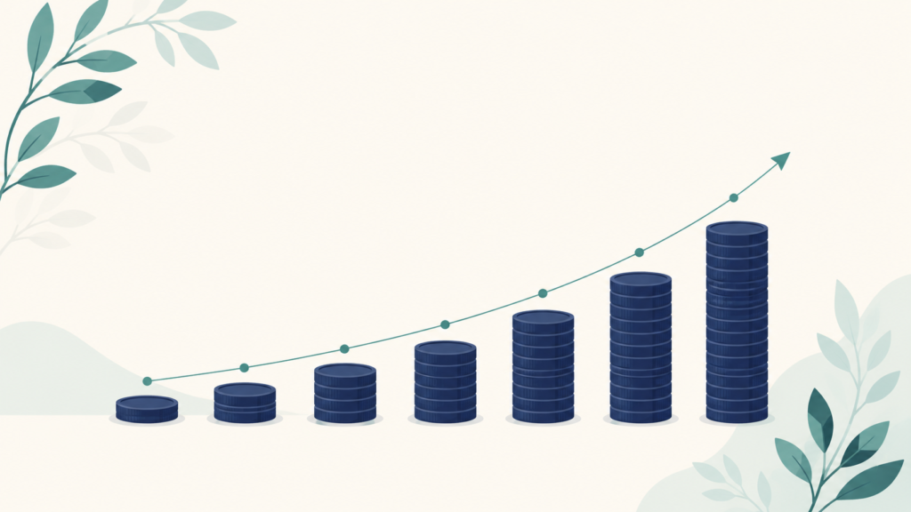 A minimalist flat-design illustration in navy blue and teal on a soft off-white background. A series of small evenly spaced coin stacks of increasing height curve gently upward from left to right, with a subtle arc connecting their tops. Clean geometric forms, subtle leaf accents, no text or numbers anywhere. 16:9 aspect ratio, calm and professional, plenty of negative space.