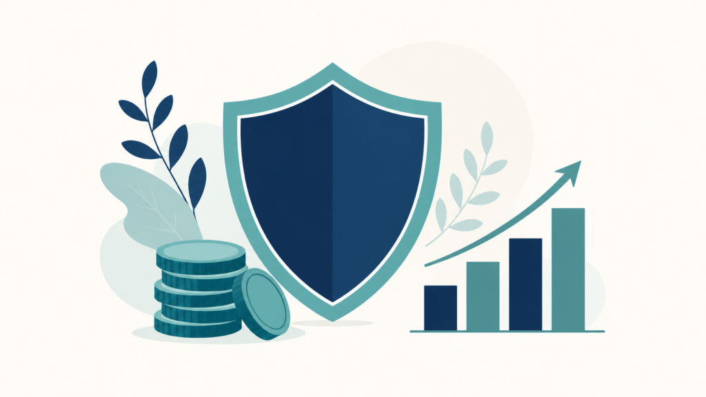 A minimalist flat-design illustration in navy blue and teal on a soft off-white background. A protective shield shape sits at the center as a foundation, with a small stack of coins and a simple upward bar chart rising beside it. Clean geometric shapes, subtle leaf accents, no text or numbers anywhere. 16:9 aspect ratio, calm and professional, plenty of negative space.