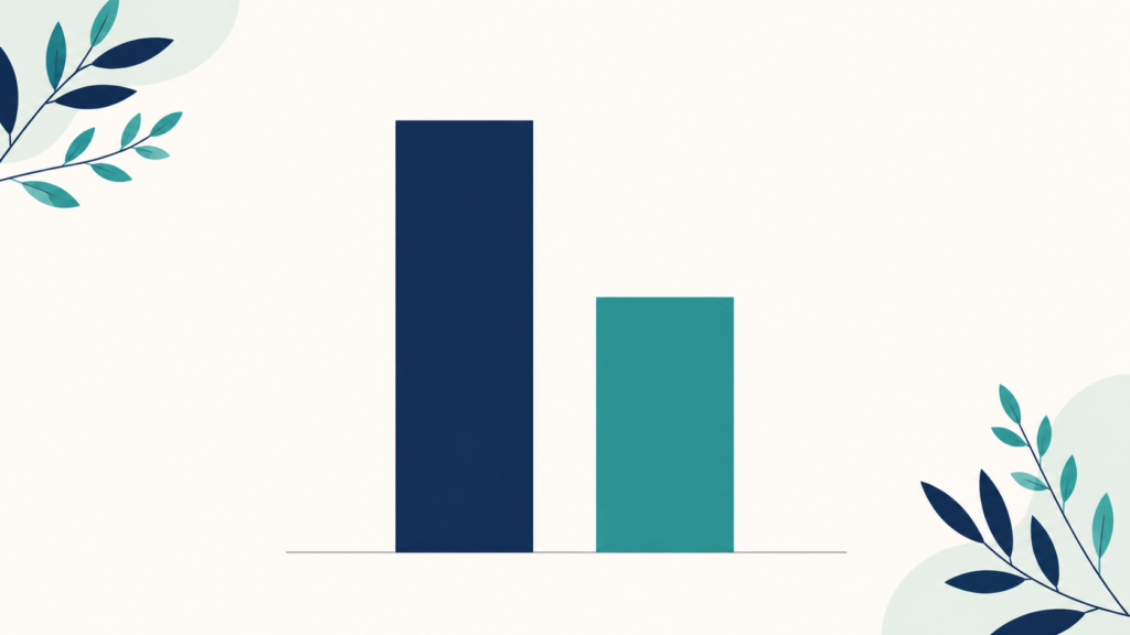 A minimalist flat-design illustration in navy blue and teal on a soft off-white background. Two vertical bars of equal width stand side by side, one reduced slightly from the top and the other reduced substantially, with a faint baseline beneath both. Clean geometric forms, subtle leaf accents, no text or numbers anywhere. 16:9 aspect ratio, calm and professional, plenty of negative space.
