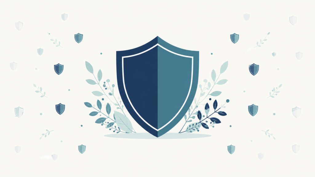 A minimalist flat-design illustration in navy blue and teal on a soft off-white background. A large protective shield stands firmly at the center, with several much smaller shield shapes scattered and fading toward the edges of the frame. Clean geometric forms, subtle leaf accents, no text or numbers anywhere. 16:9 aspect ratio, calm and professional, plenty of negative space.