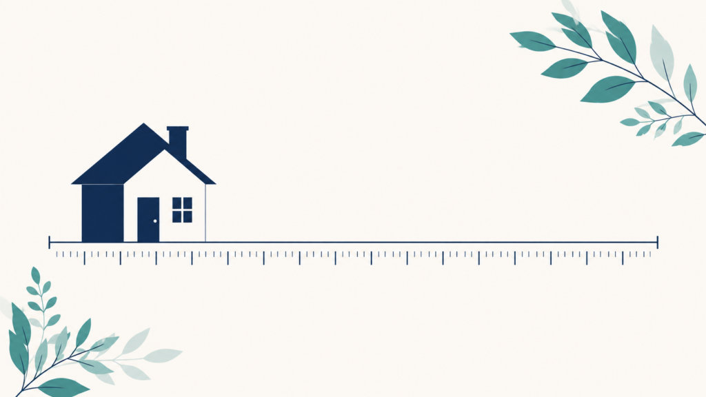 A minimalist flat-design illustration in navy blue and teal on a soft off-white background. A simple house silhouette sits on one side of a horizontal measuring line, with graduated marks running beneath it. Clean geometric forms, subtle leaf accents, no text or numbers anywhere. 16:9 aspect ratio, calm and professional, plenty of negative space.