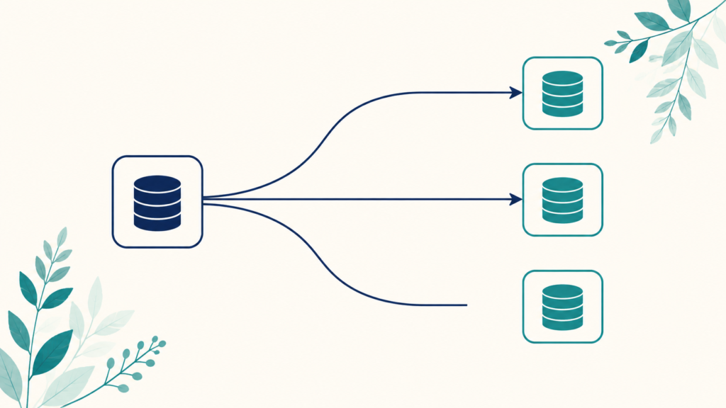 A minimalist flat-design illustration in navy blue and teal on a soft off-white background. A single container on the left connects by clean curved lines to three destination containers on the right, with one line ending short of its destination. Clean geometric forms, subtle leaf accents, no text or numbers anywhere. 16:9 aspect ratio, calm and professional, plenty of negative space.