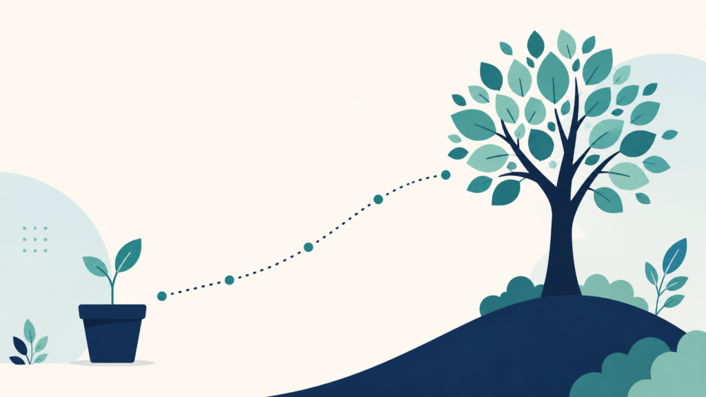 A minimalist flat-design illustration in navy blue and teal on a soft off-white background. A small seedling grows from a simple container on the left, with a dotted timeline arcing to the right toward a larger stylized tree shape. Clean geometric forms, subtle leaf accents, no text or numbers anywhere. 16:9 aspect ratio, calm and professional, plenty of negative space.