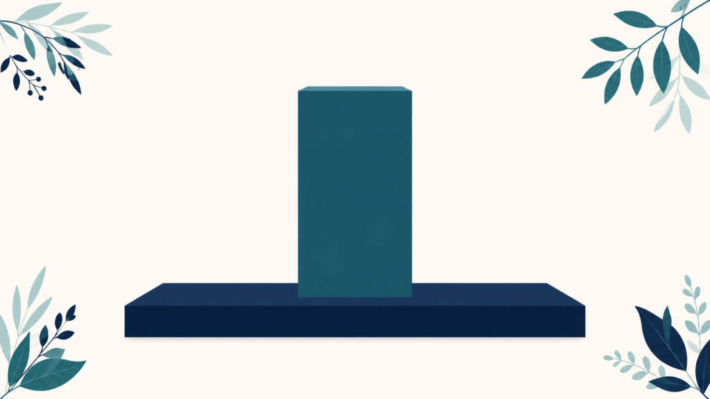 A minimalist flat-design illustration in navy blue and teal on a soft off-white background. A wide low platform supports a taller narrow column, with the platform extending noticeably beyond the column's base on both sides. Clean geometric forms, subtle leaf accents, no text or numbers anywhere. 16:9 aspect ratio, calm and professional, plenty of negative space.