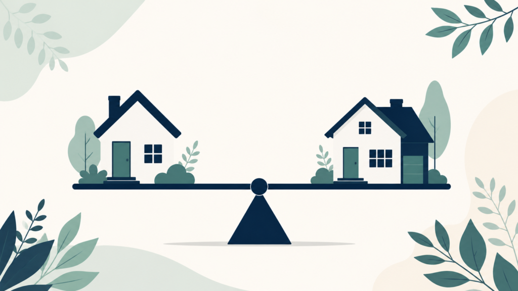 A minimalist flat-design illustration in navy blue and teal on a soft off-white background. Two simple house silhouettes sit on either side of a balanced scale or fulcrum shape. Clean geometric forms, subtle leaf accents, no text or numbers anywhere. 16:9 aspect ratio, calm and professional, plenty of negative space.