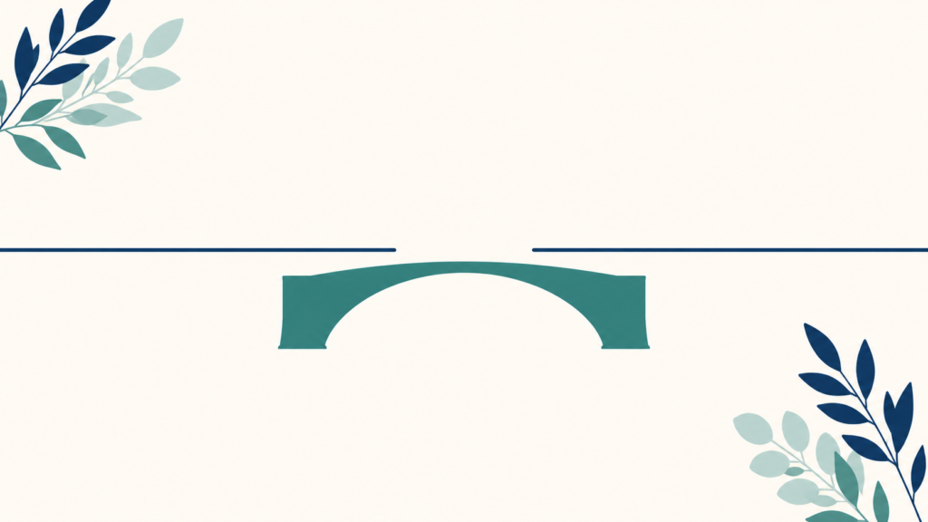 A minimalist flat-design illustration in navy blue and teal on a soft off-white background. A continuous horizontal line runs across the frame with a visible break in the middle, spanned by a separate supporting bridge shape beneath the gap. Clean geometric forms, subtle leaf accents, no text or numbers anywhere. 16:9 aspect ratio, calm and professional, plenty of negative space.
