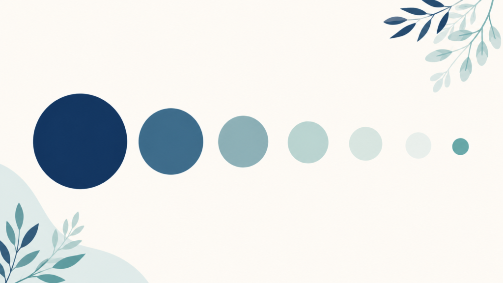 A minimalist flat-design illustration in navy blue and teal on a soft off-white background. A solid circular form on the left gradually diminishes into a noticeably smaller circle on the right, with faint intermediate stages between them. Clean geometric forms, subtle leaf accents, no text or numbers anywhere. 16:9 aspect ratio, calm and professional, plenty of negative space.