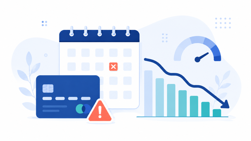 A clean, modern flat-design illustration for a personal finance blog about the consequences of missing credit card payments. Show a calendar or timeline with a credit card icon, a small warning triangle, and a downward trending arrow representing declining credit score over time. Navy blue and teal color palette to match a fintech brand, with a subtle hint of a caution/amber accent to convey seriousness without being alarming. Minimalist style with plenty of white/light background space. No text or words in the image