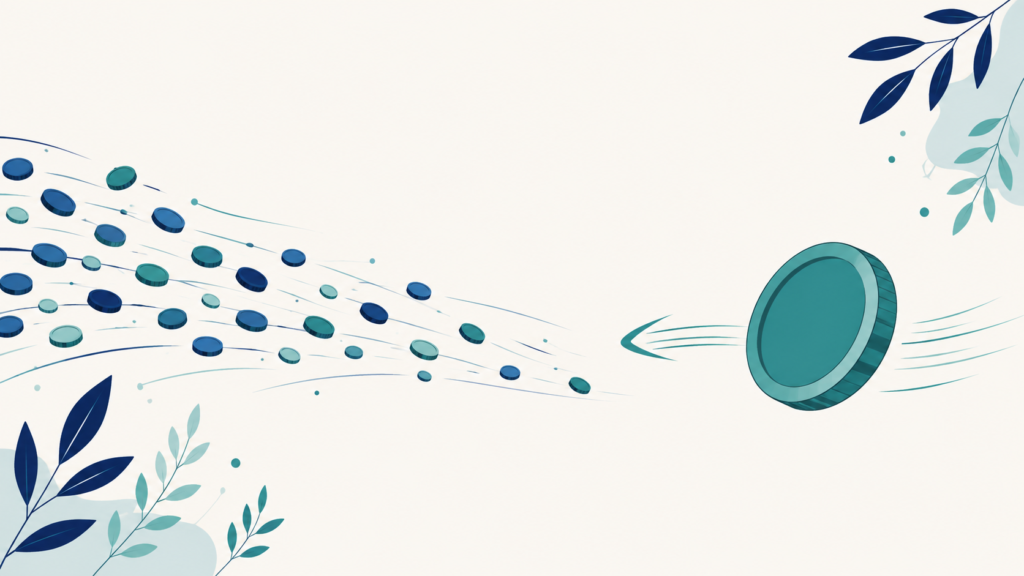 A minimalist flat-design illustration in navy blue and teal on a soft off-white background. A steady stream of small coin shapes flows away across the frame, with a single larger shape returning in the opposite direction. Clean geometric forms, subtle leaf accents, no text or numbers anywhere. 16:9 aspect ratio, calm and professional, plenty of negative space.