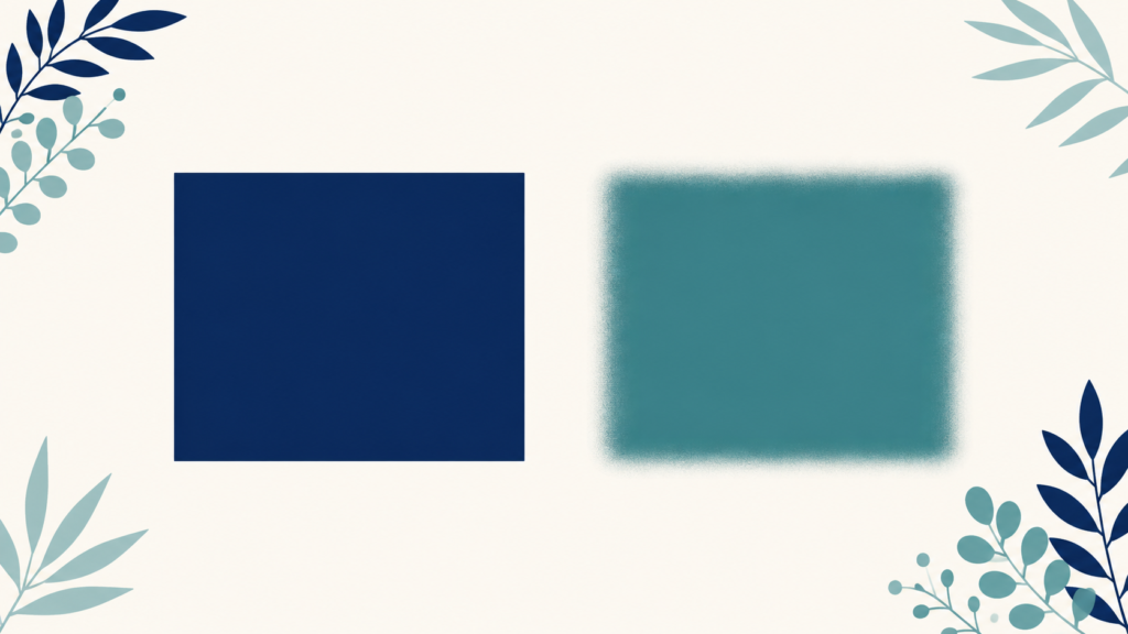 A minimalist flat-design illustration in navy blue and teal on a soft off-white background. Two rectangular forms sit side by side — one with clean solid edges, the other with soft blurred boundaries suggesting imprecision. Clean geometric forms, subtle leaf accents, no text or numbers anywhere. 16:9 aspect ratio, calm and professional, plenty of negative space.