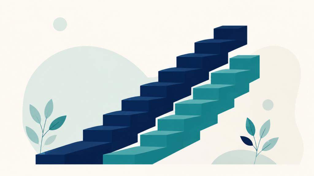 A minimalist flat-design illustration in navy blue and teal on a soft off-white background. Two ascending staircases run in parallel and close together, one slightly ahead of the other, suggesting income and spending rising in step. Clean geometric forms, subtle leaf accents, no text or numbers anywhere. 16:9 aspect ratio, calm and professional, plenty of negative space.