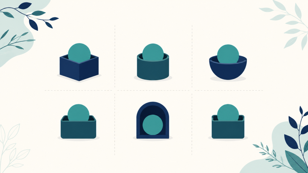 A minimalist flat-design illustration in navy blue and teal on a soft off-white background. Several small containers of identical size sit separately across the frame, each holding an identical single circular form, with faint dividing lines between them. Clean geometric forms, subtle leaf accents, no text or numbers anywhere. 16:9 aspect ratio, calm and professional, plenty of negative space.