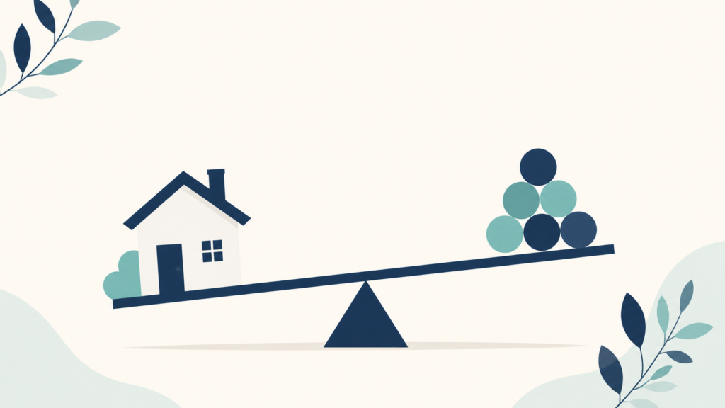 A minimalist flat-design illustration in navy blue and teal on a soft off-white background. A simple balance beam tilts gently, with a small house shape resting on one side and a cluster of small circular forms on the other. Clean geometric forms, subtle leaf accents, no text or numbers anywhere. 16:9 aspect ratio, calm and professional, plenty of negative space.