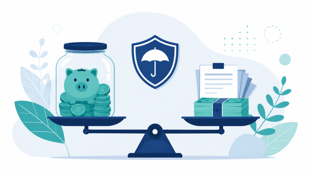 A clean, modern flat-design illustration for a personal finance blog about building an emergency fund while paying off debt. Show a piggy bank or savings jar on one side and a shrinking stack of bills or debt icon on the other, connected by a balanced scale or seesaw representing the balance between saving and debt payoff. Include a small shield or umbrella icon representing financial protection.