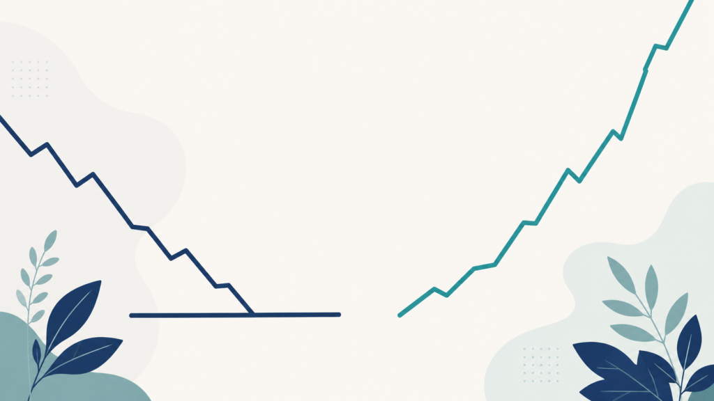 A minimalist flat-design illustration in navy blue and teal on a soft off-white background. On the left, a descending line meets a solid horizontal floor and stops. On the right, an ascending line continues upward past the top edge of the frame. Clean geometric forms, subtle leaf accents, no text or numbers anywhere. 16:9 aspect ratio, calm and professional, plenty of negative space.