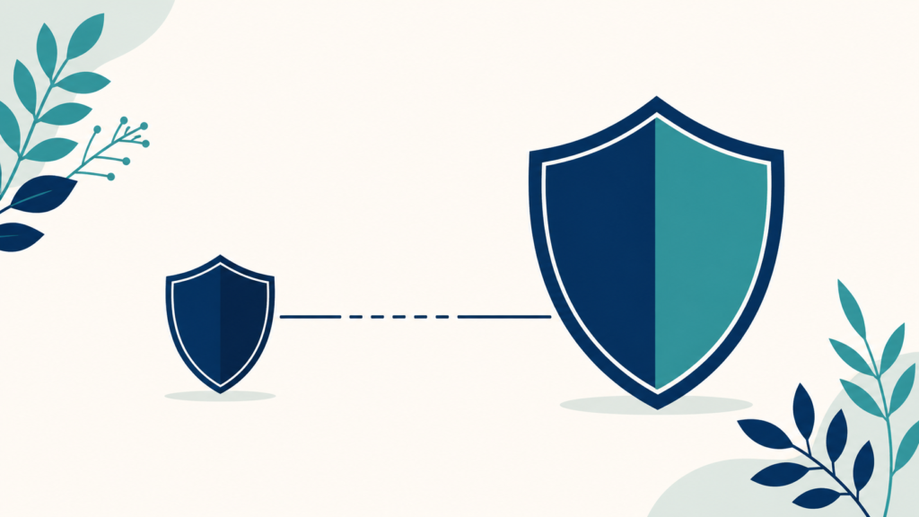 A minimalist flat-design illustration in navy blue and teal on a soft off-white background. A small shield shape sits beside a much larger one, with a simple horizontal threshold line running between them. Clean geometric forms, subtle leaf accents, no text or numbers anywhere. 16:9 aspect ratio, calm and professional, plenty of negative space.