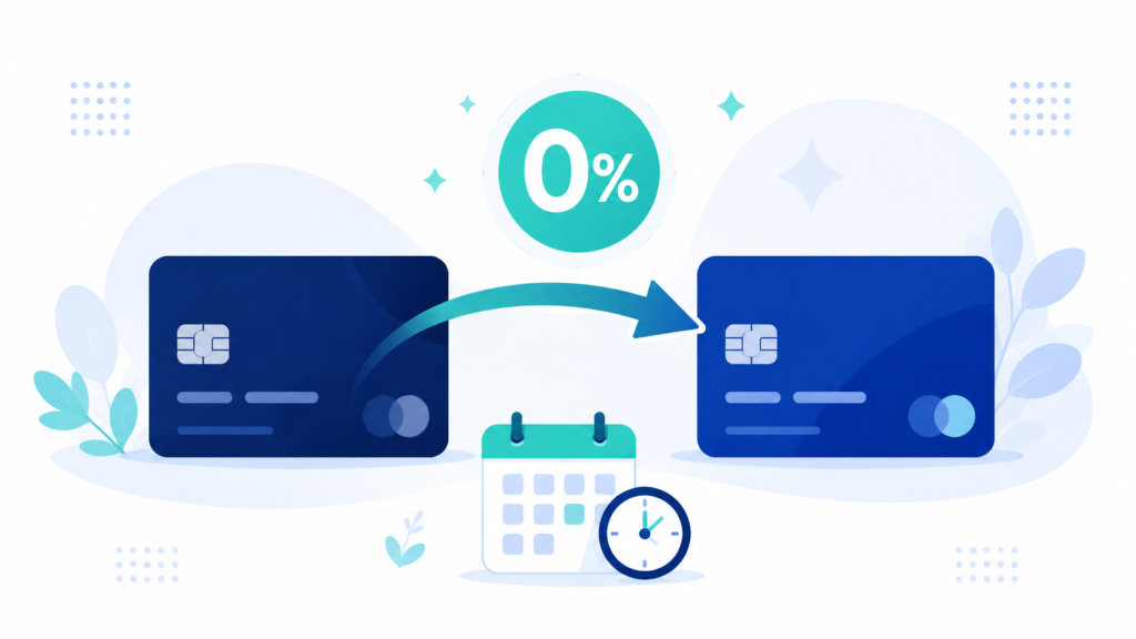 A clean, modern flat-design illustration for a personal finance blog about 0% APR balance transfer credit cards. Show a credit card with an arrow transferring/moving toward another credit card, with a '0%' or percentage symbol icon nearby, and a small clock or calendar icon representing the limited promotional period.