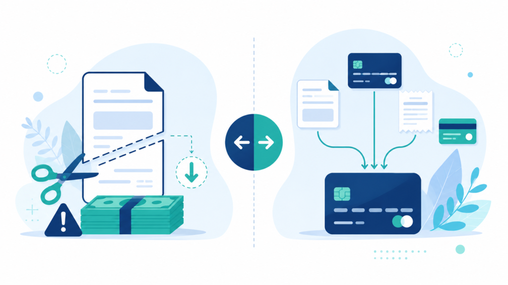 A clean, modern flat-design illustration for a personal finance blog comparing debt settlement and debt consolidation. Show two contrasting paths: one with a document being cut or reduced (representing debt settlement negotiating a lower amount) alongside a small caution/warning icon, and another with multiple smaller debt icons merging into one single larger icon (representing consolidation).
