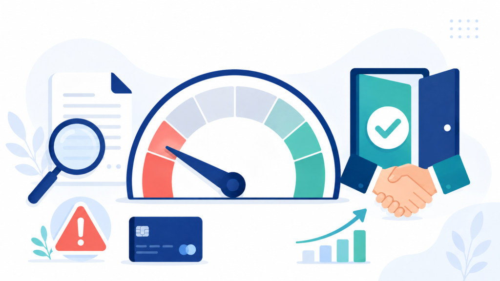 A clean, modern flat-design illustration for a personal finance blog about getting a personal loan with bad credit. Show a credit score gauge with the needle in the red/low zone, next to a handshake icon or an open door representing loan approval despite bad credit. Include supporting elements like a magnifying glass over a document (representing checking loan terms), a warning/caution icon (representing avoiding predatory lenders), and a small upward arrow