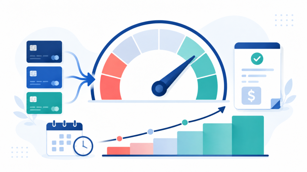 A clean, modern flat-design illustration for a personal finance blog about how debt consolidation affects credit scores. Show a credit score gauge/dial with the needle moving from a lower position toward a higher 'good' zone, alongside a timeline or upward step-chart representing gradual improvement over months. Include supporting elements like a single loan document merging from multiple credit cards (representing consolidation), and a small calendar or clock icon (representing the recovery timeline).