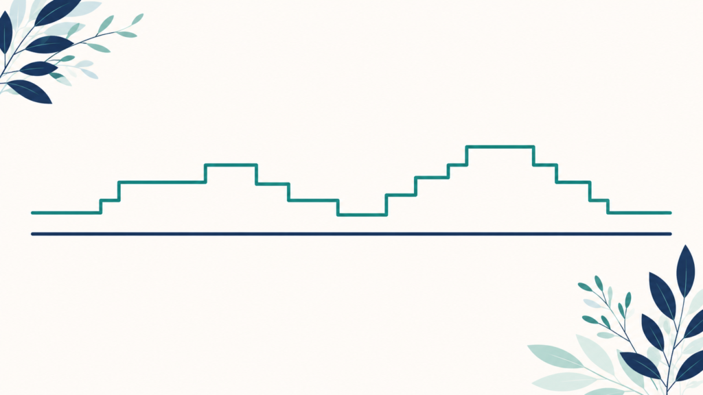 A minimalist flat-design illustration in navy blue and teal on a soft off-white background. Two horizontal lines run across the frame — one perfectly level throughout, the other level at first before rising and falling in irregular steps. Clean geometric forms, subtle leaf accents, no text or numbers anywhere. 16:9 aspect ratio, calm and professional, plenty of negative space.