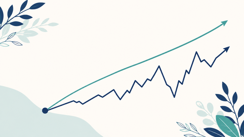 A minimalist flat-design illustration in navy blue and teal on a soft off-white background. Two distinct paths diverge from a single point — one a steady gentle upward slope, the other a sharply jagged line rising and falling. Clean geometric forms, subtle leaf accents, no text or numbers anywhere. 16:9 aspect ratio, calm and professional, plenty of negative space.