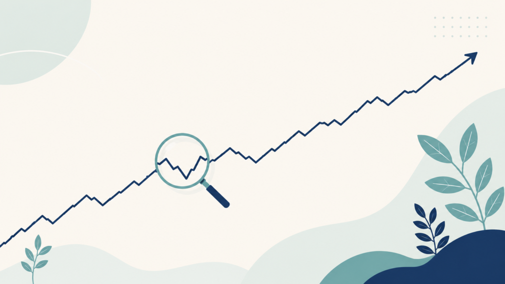 A minimalist flat-design illustration in navy blue and teal on a soft off-white background. A simple line chart with small short-term dips resolves into a smooth upward curve when viewed across the full width. A small circular lens or magnifying shape hovers over one of the dips. Clean geometric forms, subtle leaf accents, no text or numbers anywhere. 16:9 aspect ratio, calm and professional, plenty of negative space.