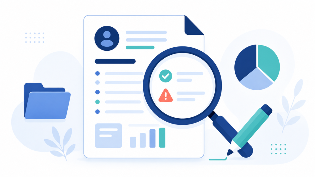 A clean, modern flat-design illustration for a personal finance blog about reading and understanding a credit report. Show a stylized document/report with a magnifying glass hovering over it, highlighting a checkmark and a small warning triangle icon (representing spotting correct info versus errors). Includes supporting elements like a small folder icon, a pie chart, and a pencil.