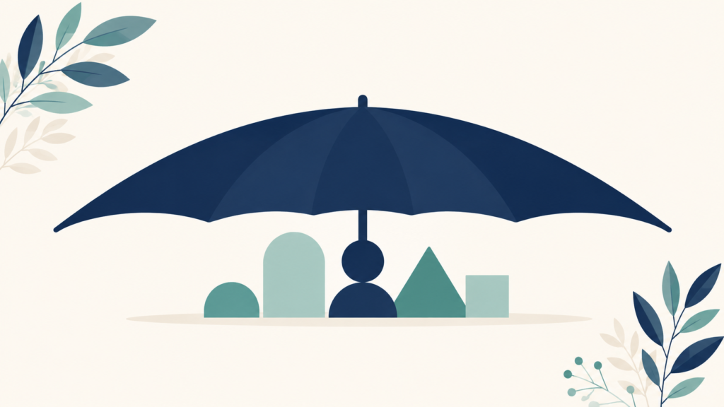 A minimalist flat-design illustration in navy blue and teal on a soft off-white background. A wide protective canopy shape extends over several small simple forms clustered beneath it, with the canopy's edge extending well past the outermost figure. Clean geometric forms, subtle leaf accents, no text or numbers anywhere. 16:9 aspect ratio, calm and professional, plenty of negative space.