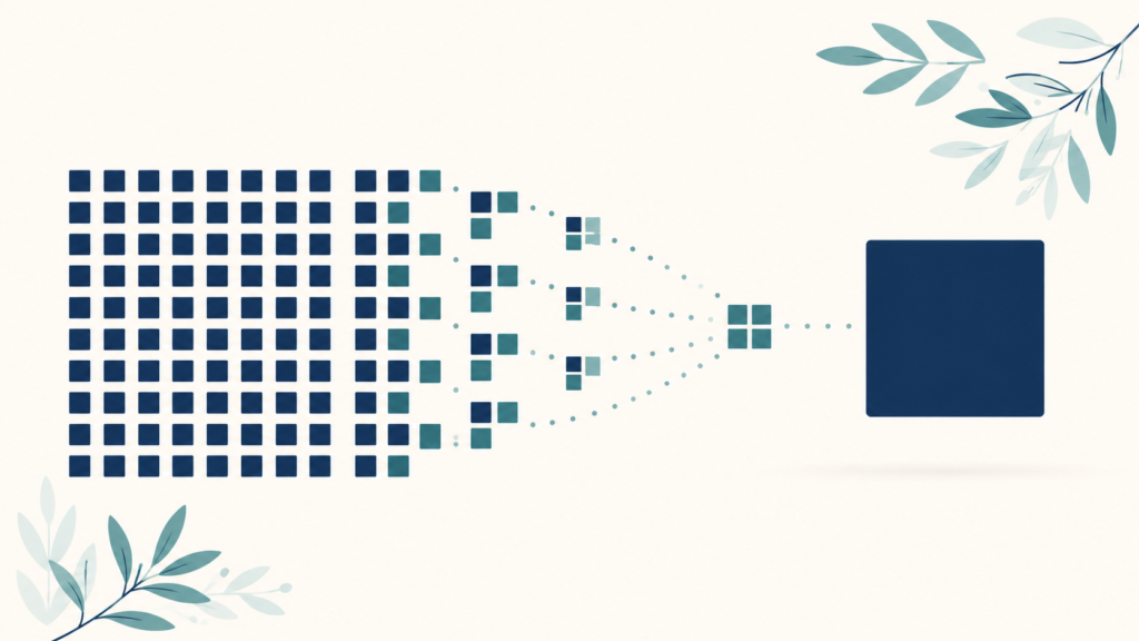 A minimalist flat-design illustration in navy blue and teal on a soft off-white background. A wide grid of many small identical squares sits on the left, gradually consolidating into a single larger shape on the right. Clean geometric forms, subtle leaf accents, no text or numbers anywhere. 16:9 aspect ratio, calm and professional, plenty of negative space.