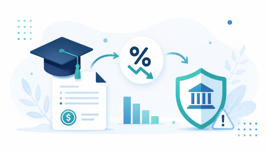 A clean, modern flat-design illustration for a personal finance blog about student loan refinancing. Show a graduation cap icon connected to a document or loan icon with a downward-trending interest rate arrow, alongside a small shield icon (representing federal protections) with a subtle warning to convey the tradeoff. Navy blue and teal color palette to match a fintech brand. Minimalist style with plenty of white/light background space.