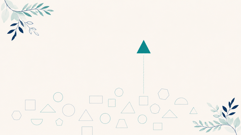 A minimalist flat-design illustration in navy blue and teal on a soft off-white background. Many faint outlined shapes scatter across the lower portion of the frame while a single solid shape rises above them. Clean geometric forms, subtle leaf accents, no text or numbers anywhere. 16:9 aspect ratio, calm and professional, plenty of negative space.