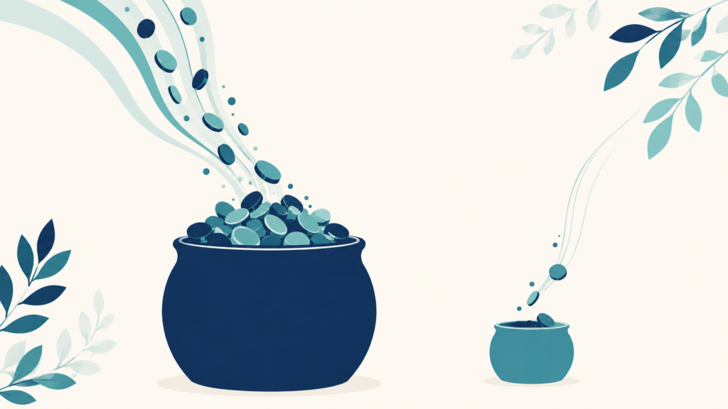 A minimalist flat-design illustration in navy blue and teal on a soft off-white background. Two containers of very different sizes sit side by side, with small shapes flowing generously into the larger one and sparsely into the smaller. Clean geometric forms, subtle leaf accents, no text or numbers anywhere. 16:9 aspect ratio, calm and professional, plenty of negative space.