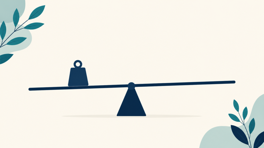 A minimalist flat-design illustration in navy blue and teal on a soft off-white background. A horizontal beam rests on a support, with a small weight positioned well inside the beam's end rather than at its edge, leaving visible clear space beyond. Clean geometric forms, subtle leaf accents, no text or numbers anywhere. 16:9 aspect ratio, calm and professional, plenty of negative space.