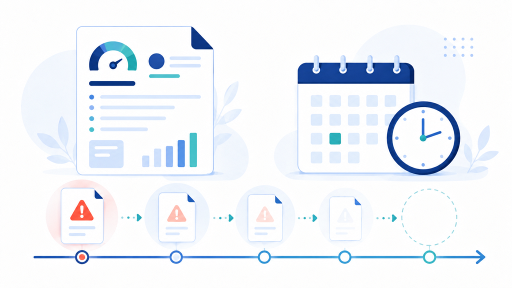 A clean, modern flat-design illustration for a personal finance blog about how long negative items stay on a credit report. Show a calendar or timeline with a fading/disappearing icon (like a document or warning mark growing lighter and eventually vanishing), representing negative items aging off over time. Include supporting elements like a small clock icon and a credit report document.
