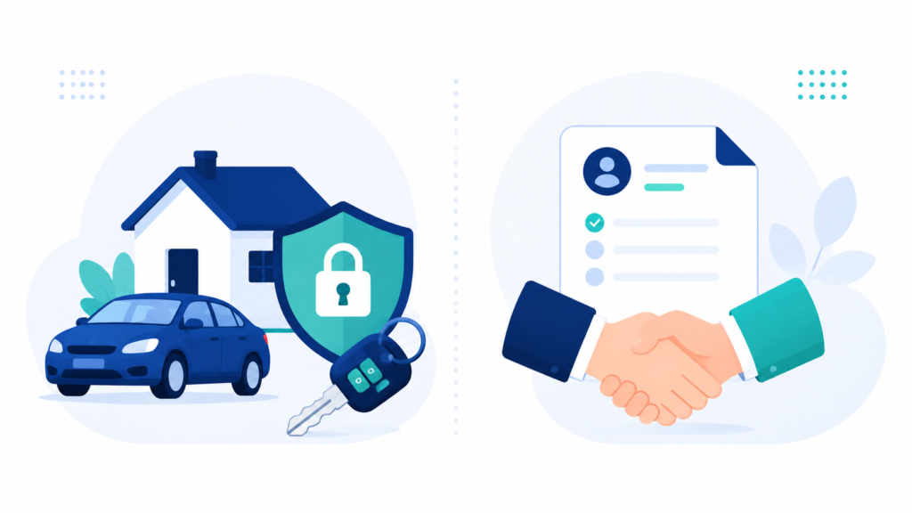 A clean, modern flat-design illustration for a personal finance blog comparing secured and unsecured loans. Show two contrasting icons side by side: on one side, a house or car key attached to a shield/lock icon (representing secured loans backed by collateral), and on the other side, a document or handshake icon with no lock (representing unsecured loans based on trust/creditworthiness alone