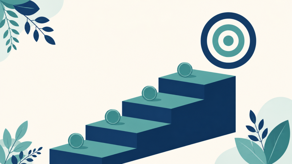 A minimalist flat-design illustration in navy blue and teal on a soft off-white background. A rising staircase of four steps leads toward a simple circular target shape, with small coin forms distributed along the steps. Clean geometric forms, subtle leaf accents, no text or numbers anywhere. 16:9 aspect ratio, calm and professional, plenty of negative space.