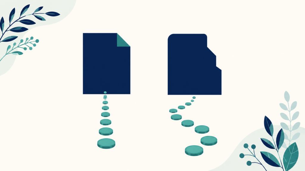 A minimalist flat-design illustration in navy blue and teal on a soft off-white background. Two simple document shapes sit side by side, one with a clean straight edge and one with a slightly different profile, with small coin shapes flowing differently from each. Clean geometric forms, subtle leaf accents, no text or numbers anywhere. 16:9 aspect ratio, calm and professional, plenty of negative space.