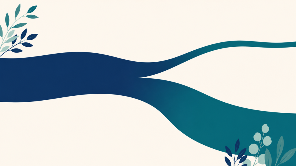 A minimalist flat-design illustration in navy blue and teal on a soft off-white background. A single wide stream flows from the left and divides once into two channels, one narrow and one broad, with no further subdivision. Clean geometric forms, subtle leaf accents, no text or numbers anywhere. 16:9 aspect ratio, calm and professional, plenty of negative space.