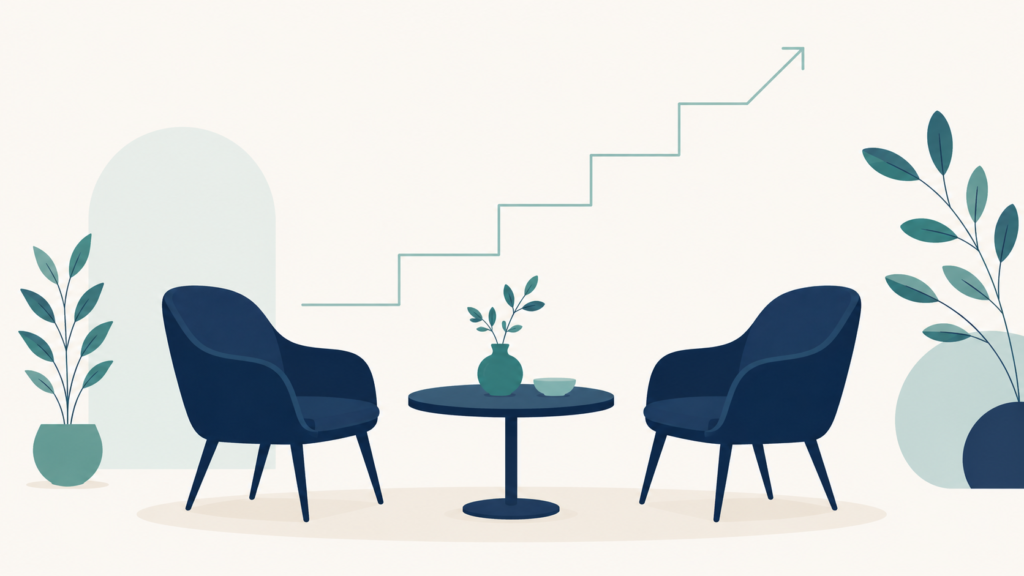 A minimalist flat-design illustration in navy blue and teal on a soft off-white background. Two simple chair shapes face each other across a small round table, with a subtle upward-stepping line in the background. Clean geometric forms, subtle leaf accents, no text or numbers anywhere. 16:9 aspect ratio, calm and professional, plenty of negative space.