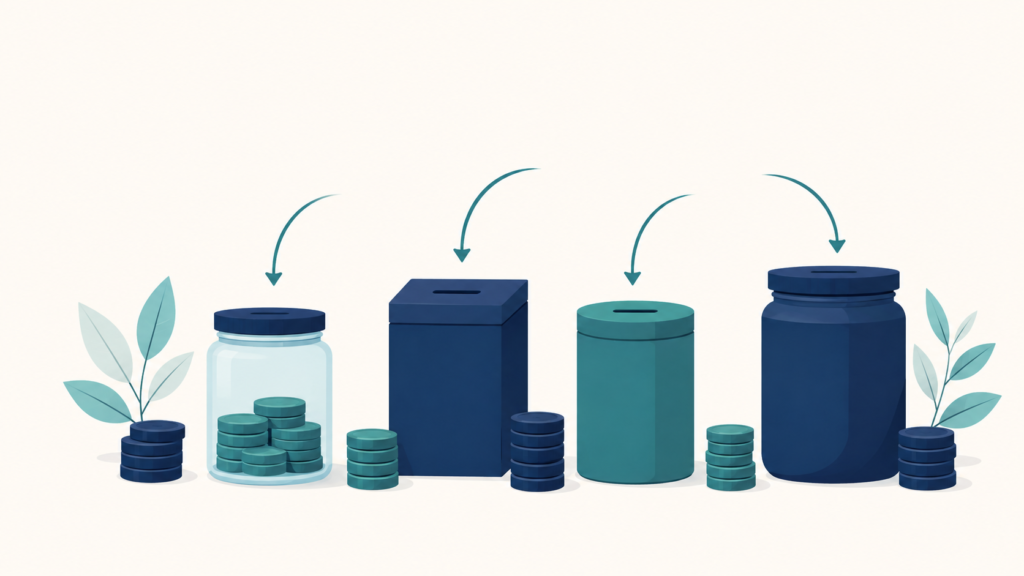A minimalist flat-design illustration in navy blue and teal on a soft off-white background. Three or four simple container shapes of different sizes sit in a row, with small coin stacks distributed between them and subtle directional arrows showing money flowing into each. Clean geometric forms, subtle leaf accents, no text or numbers anywhere. 16:9 aspect ratio, calm and professional, plenty of negative space.