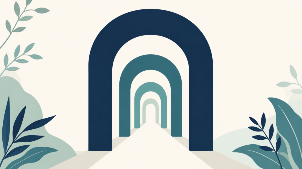 A minimalist flat-design illustration in navy blue and teal on a soft off-white background. Five doorway-like arch shapes of increasing size are arranged in receding perspective, with a clear open path running through all of them. Clean geometric forms, subtle leaf accents, no text or numbers anywhere. 16:9 aspect ratio, calm and professional, plenty of negative space.