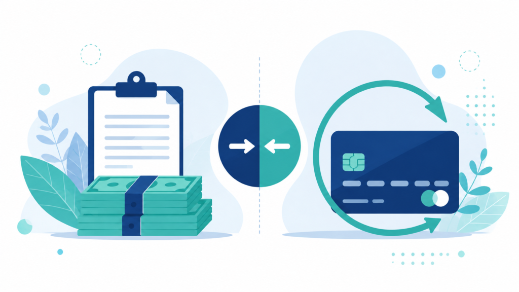A clean, modern flat-design illustration for a personal finance blog comparing personal loans and credit cards for debt payoff. Show a stack of cash or document representing a lump-sum personal loan on one side, and a credit card with a circular/revolving arrow icon on the other side, connected by a versus or comparison symbol in the middle