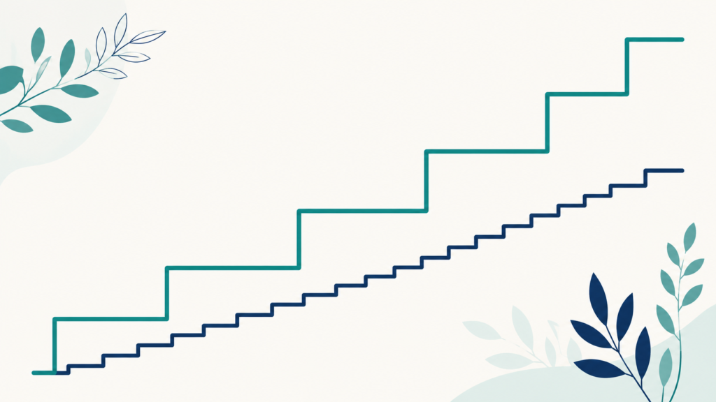 A minimalist flat-design illustration in navy blue and teal on a soft off-white background. Two ascending lines run in parallel, one climbing in small even increments and the other in fewer but noticeably larger steps, finishing higher. Clean geometric forms, subtle leaf accents, no text or numbers anywhere. 16:9 aspect ratio, calm and professional, plenty of negative space.