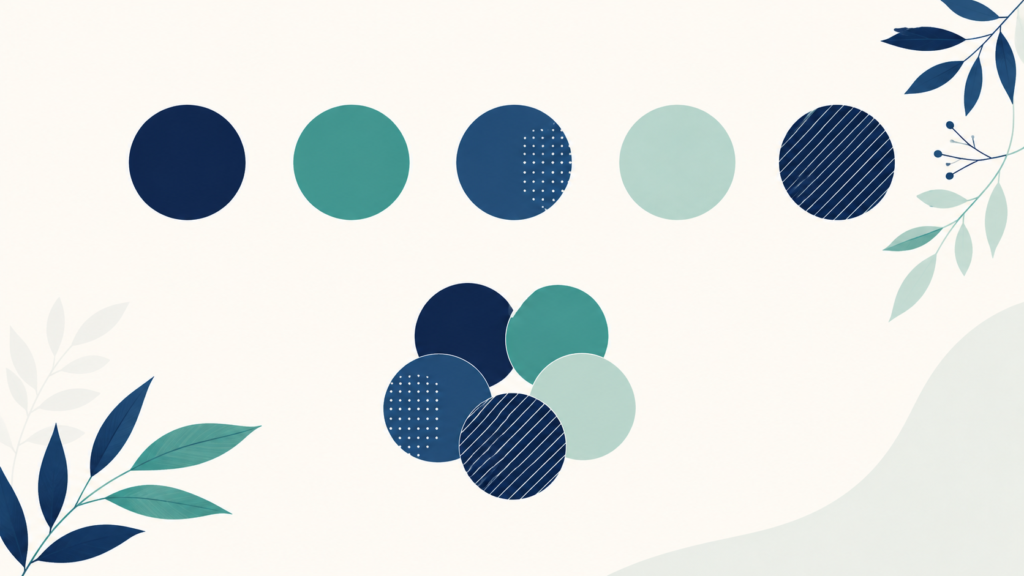 A minimalist flat-design illustration in navy blue and teal on a soft off-white background. Several separate circular forms are evenly spaced across the upper portion of the frame, while below them the same forms cluster tightly together. Clean geometric forms, subtle leaf accents, no text or numbers anywhere. 16:9 aspect ratio, calm and professional, plenty of negative space.