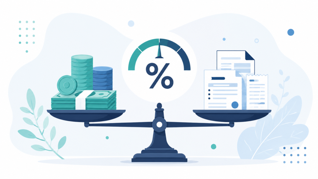 A clean, modern flat-design illustration for a personal finance blog about debt-to-income ratio. Show a balance scale with a stack of coins or cash on one side (representing income) and a stack of bills or debt documents on the other side (representing debt), with a percentage symbol or gauge in the middle. Navy blue and teal color palette to match a fintech brand. Minimalist style with plenty of white/light background space