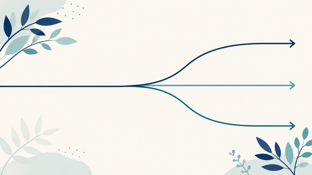 A minimalist flat-design illustration in navy blue and teal on a soft off-white background. A single line branches into two or three separate streams that flow in parallel toward the right edge. Clean geometric forms, subtle leaf accents, no text or numbers anywhere. 16:9 aspect ratio, calm and professional, plenty of negative space.