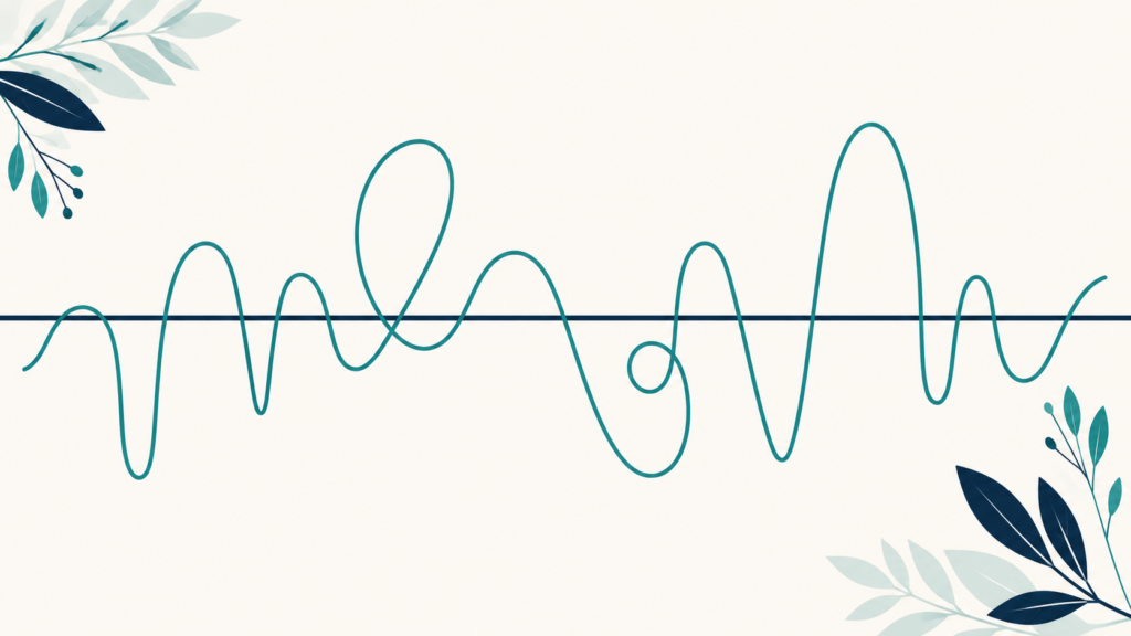 A minimalist flat-design illustration in navy blue and teal on a soft off-white background. A single steady horizontal line runs across the frame while a wildly oscillating line loops above and below it, crossing repeatedly. Clean geometric forms, subtle leaf accents, no text or numbers anywhere. 16:9 aspect ratio, calm and professional, plenty of negative space.
